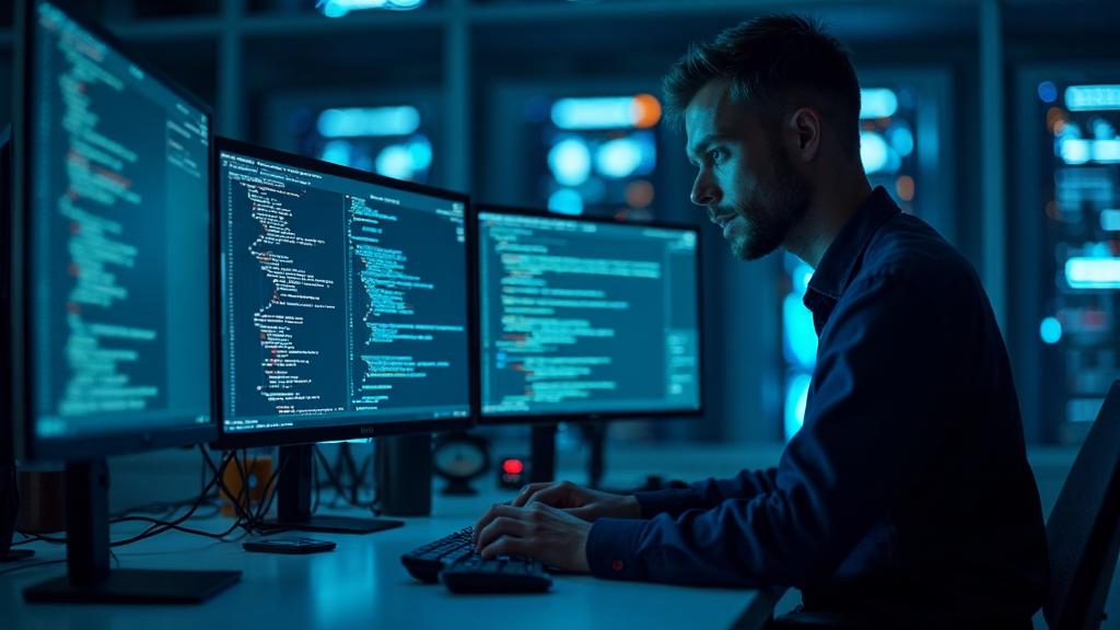Developer working on XML integration with multiple monitors